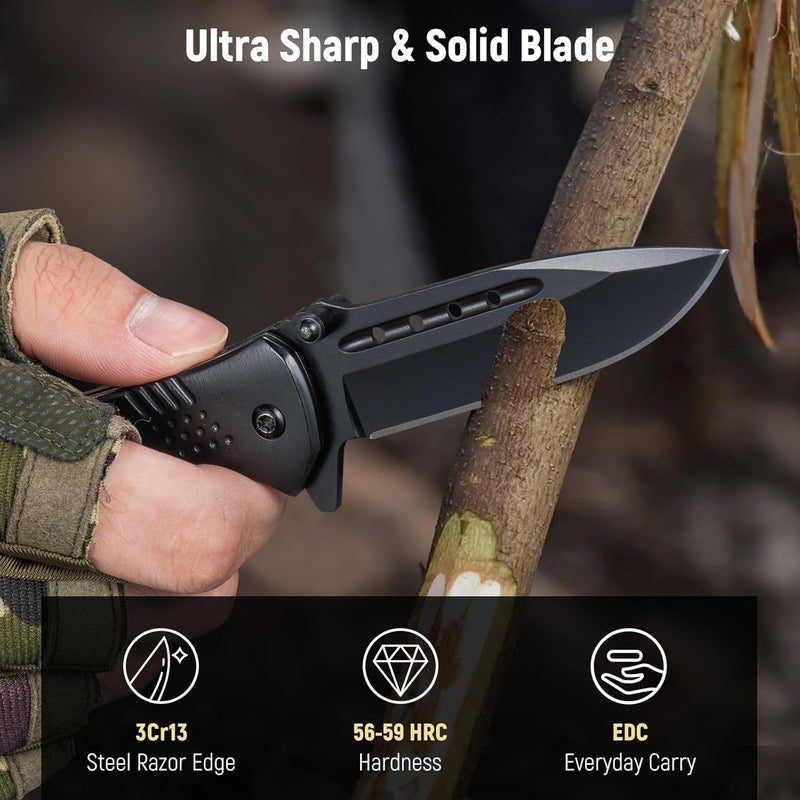 KEXMO Pocket Knife for Men - 2.98" Sharp Blade Wood Handle Pocket Folding Knives with Clip, Glass Breaker - Small EDC Knives for Survival Camping Hunting Fishing Hiking Women, Black - Image 4